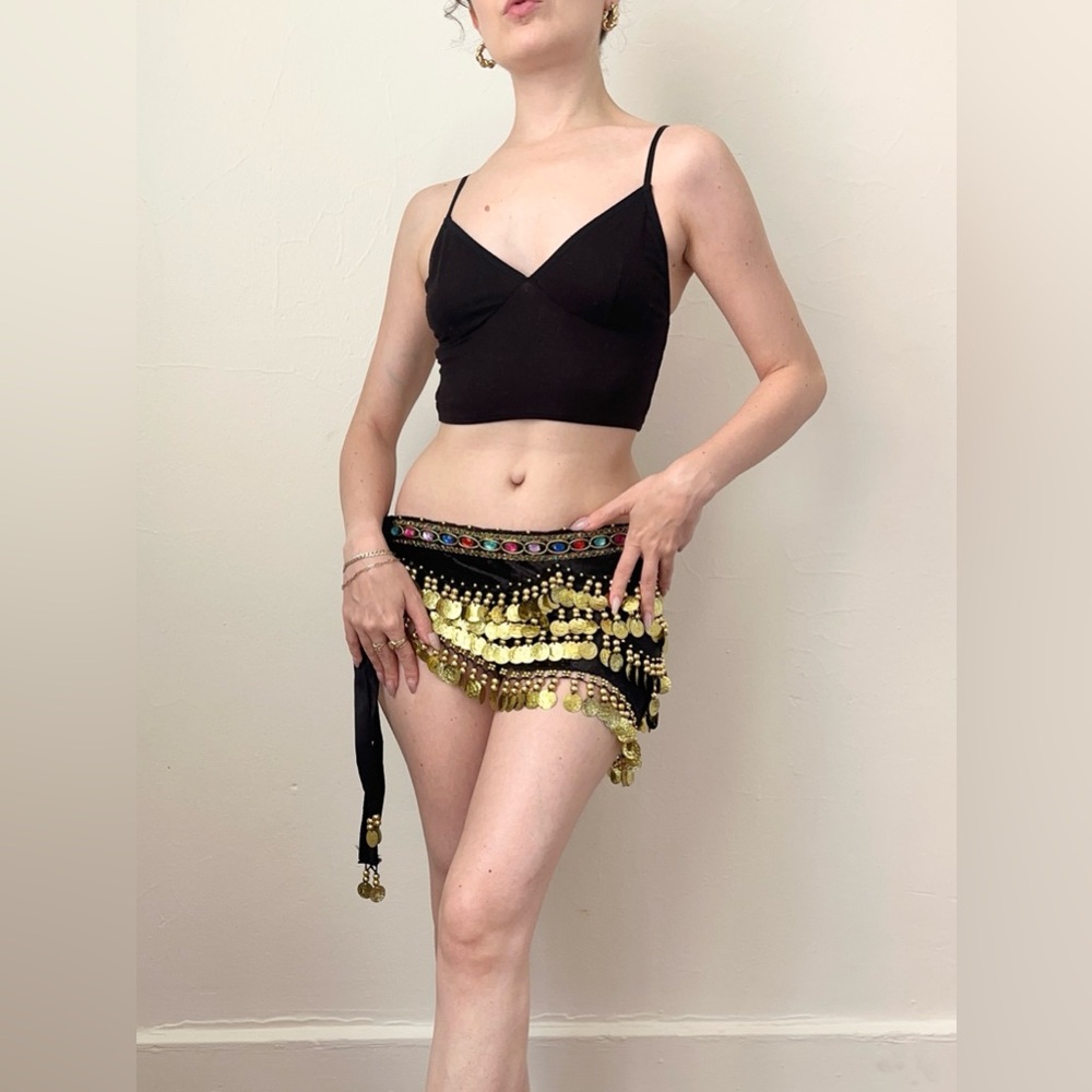 Black Velvet Colorful Gem Gold Coin Belly Dancer Festival Skirt